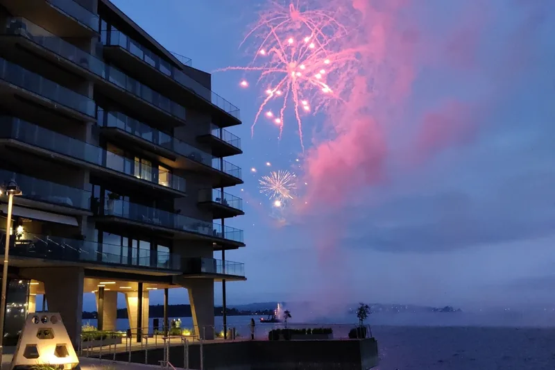 Fireworks over the fjord on a spring evening in May