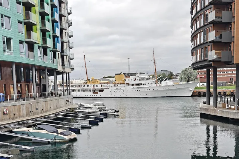 The canal seen from the bridge by The Thief, with the royal yacht at the end