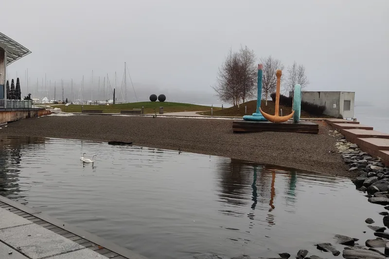 The beach and the sculpture park in fog, with “Eyes”, “Spalt” and a swan