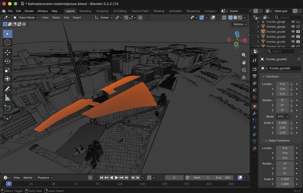 The Blender window with the 3D model as a wireframe and the museum roofs highlighted in orange.
