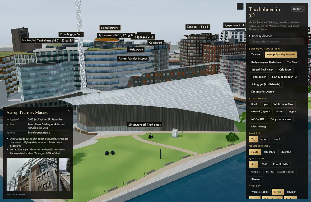 Das 3D-Modell mit dem Astrup Fearnley Museet, der Faktenkarte unten links und dem Bedienpanel rechts.