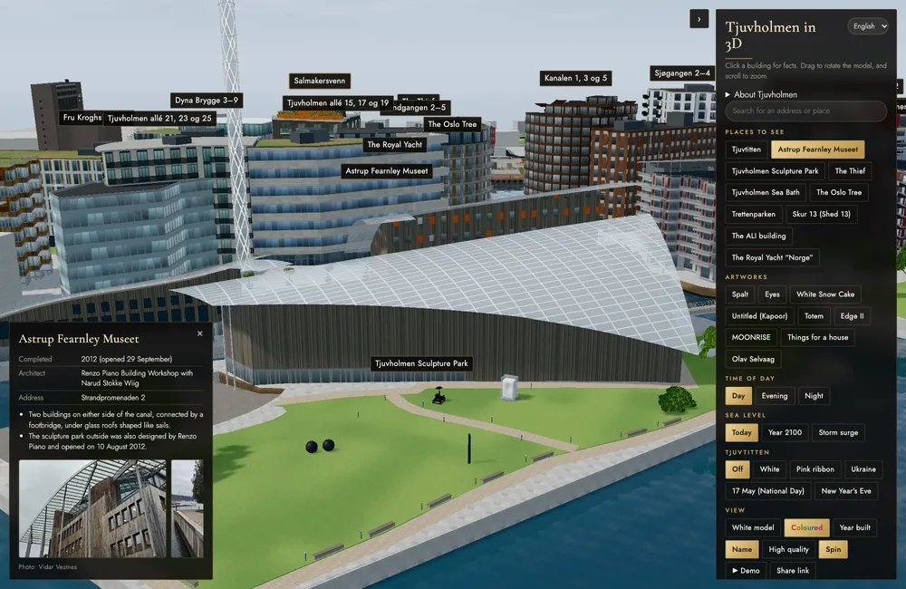 The 3D model with the Astrup Fearnley Museum, the fact card at the bottom left and the control panel on the right.