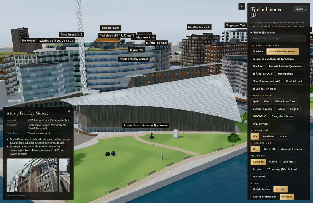 El modelo 3D con el Astrup Fearnley Museet, la ficha abajo a la izquierda y el panel de control a la derecha.