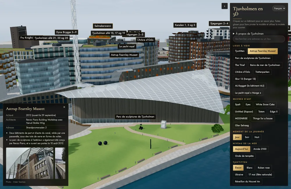 Le modèle 3D avec l’Astrup Fearnley Museet, la fiche d’information en bas à gauche et le panneau de commande à droite.