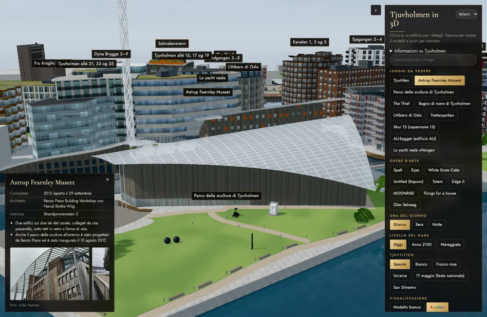 Il modello 3D con l’Astrup Fearnley Museet, la scheda in basso a sinistra e il pannello di controllo a destra.