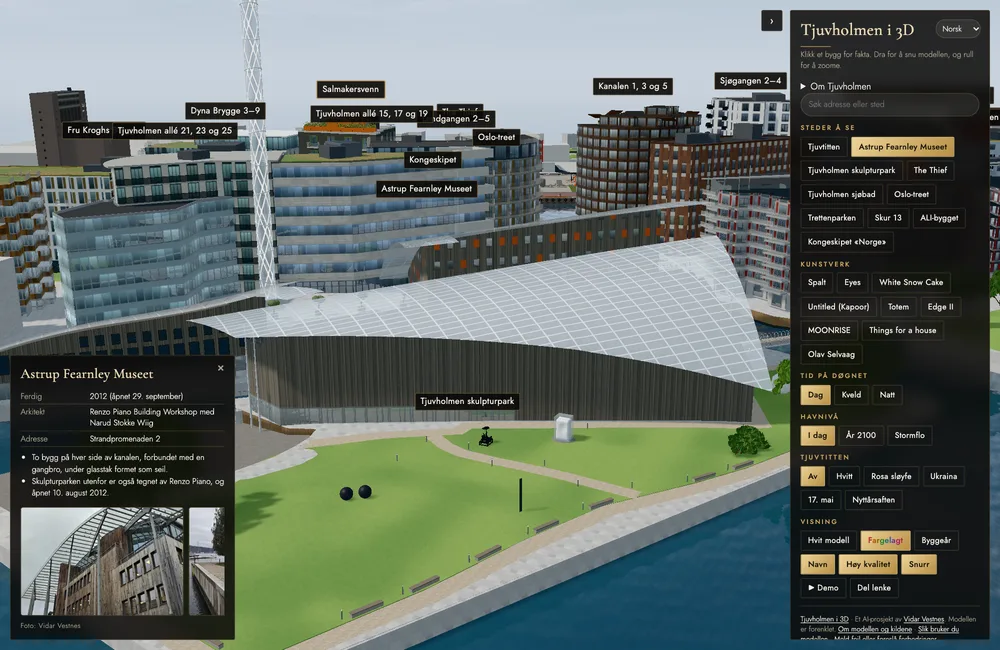 3D-modellen med Astrup Fearnley Museet, faktakortet nede til venstre og kontrollpanelet til høyre.