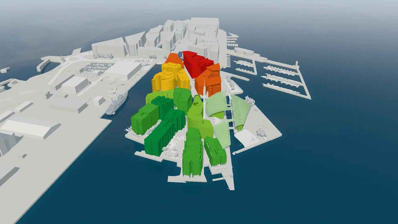3D model of Tjuvholmen with the buildings colour-coded by year built, from red to green.