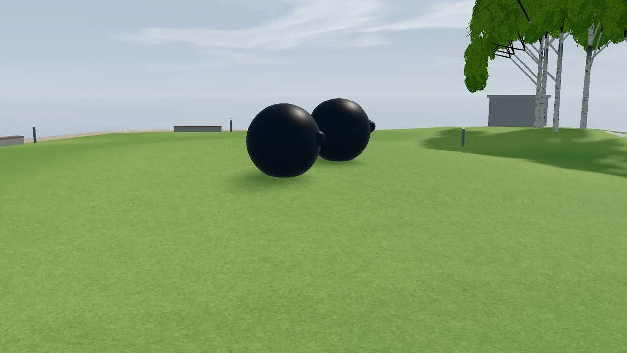 Eyes by Louise Bourgeois, two large black granite spheres on the grass in the sculpture park.
