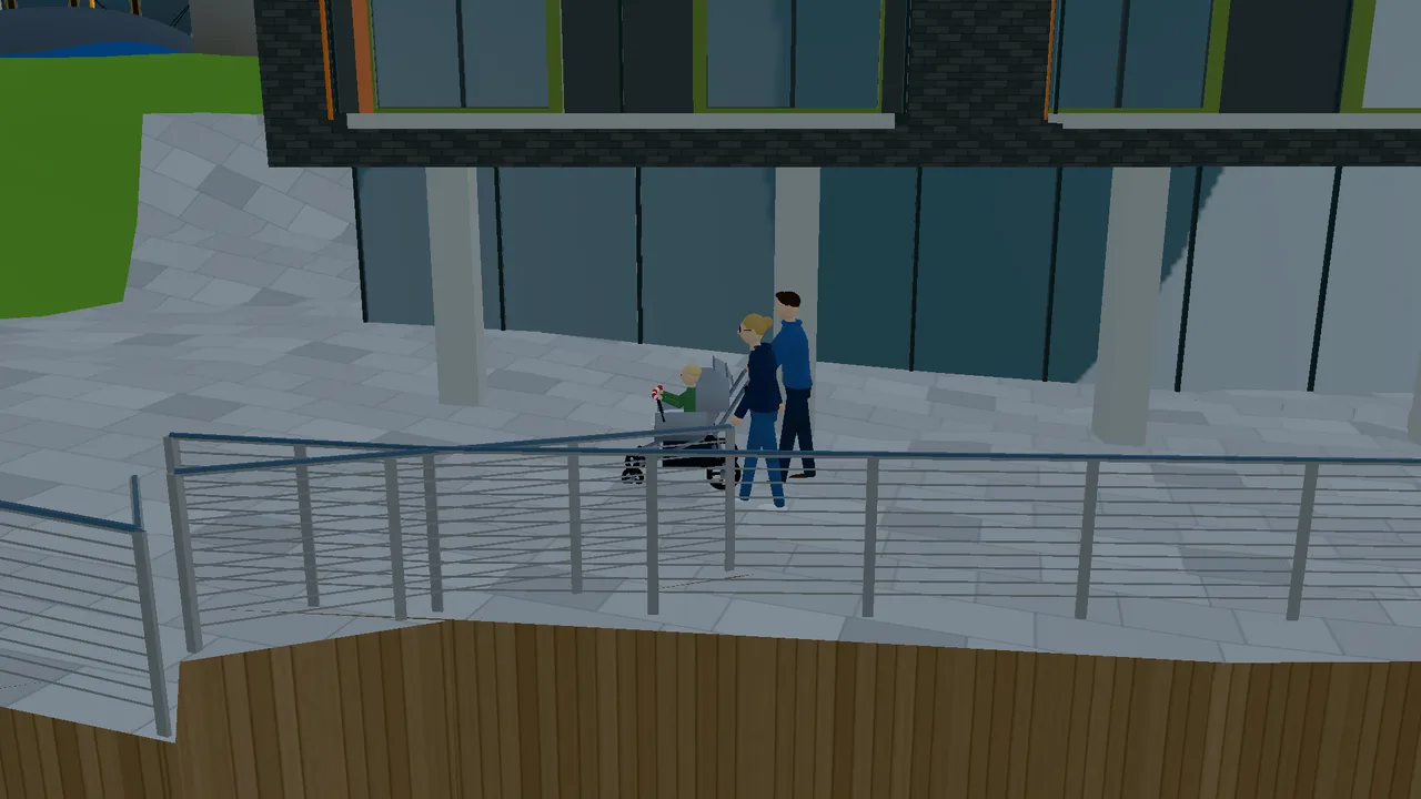A family out for a walk by the Salmakersvenn building on Tjuvholmen.