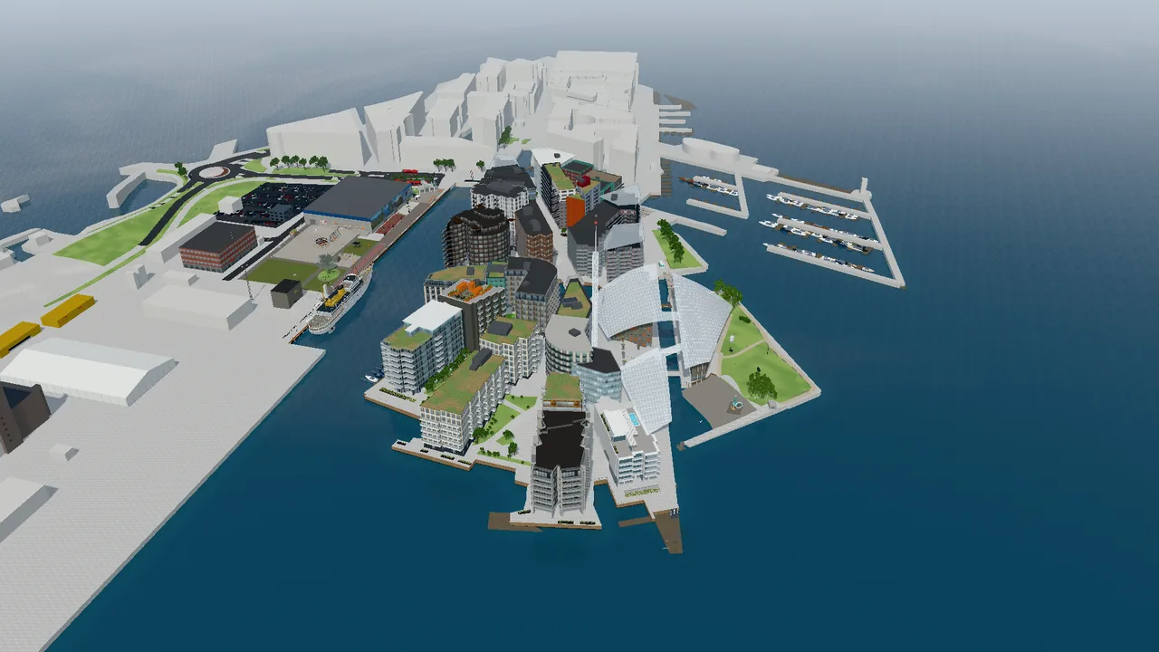 The whole of Tjuvholmen seen from above, with Odden, Holmen and Skjæret separated by canals.