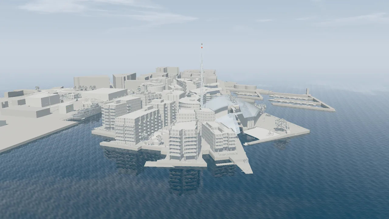 White 3D model of Tjuvholmen without colours or materials.