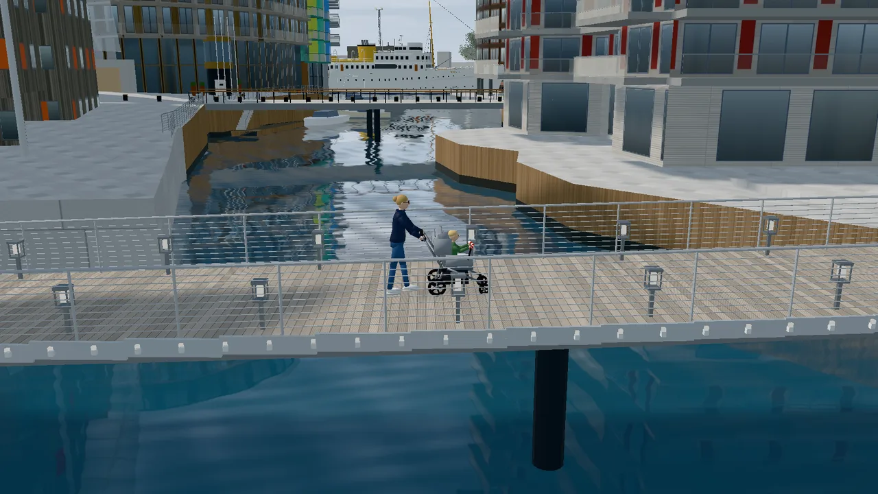 The bridge to Odden with its timber deck, where a mother is pushing a pram.
