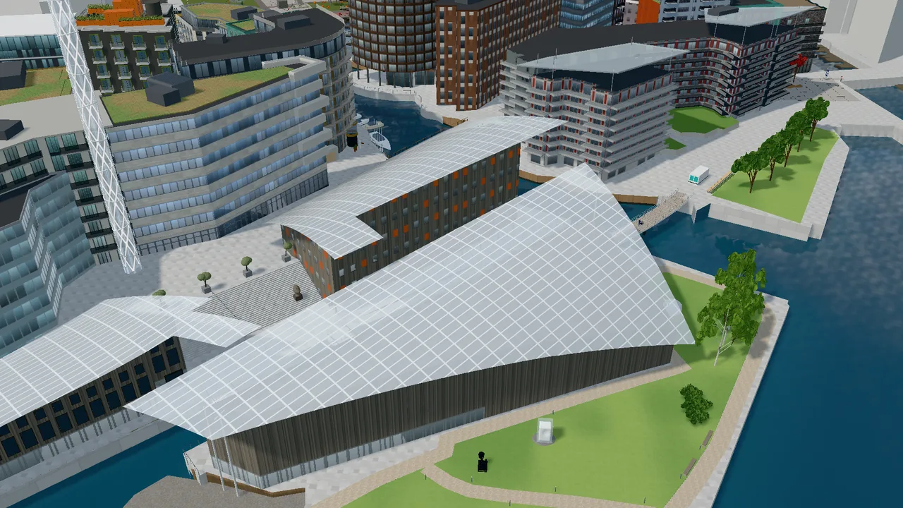 Astrup Fearnley Museum and Tjuvtitten as they look on the website, with light, shadows and reflections in the water.