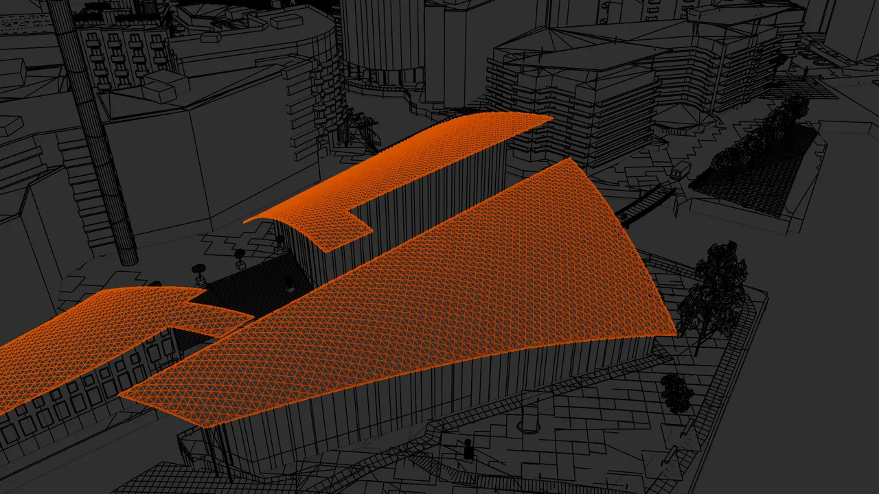 The same view as a wireframe in Blender, with the glass roofs of the museum highlighted in orange.