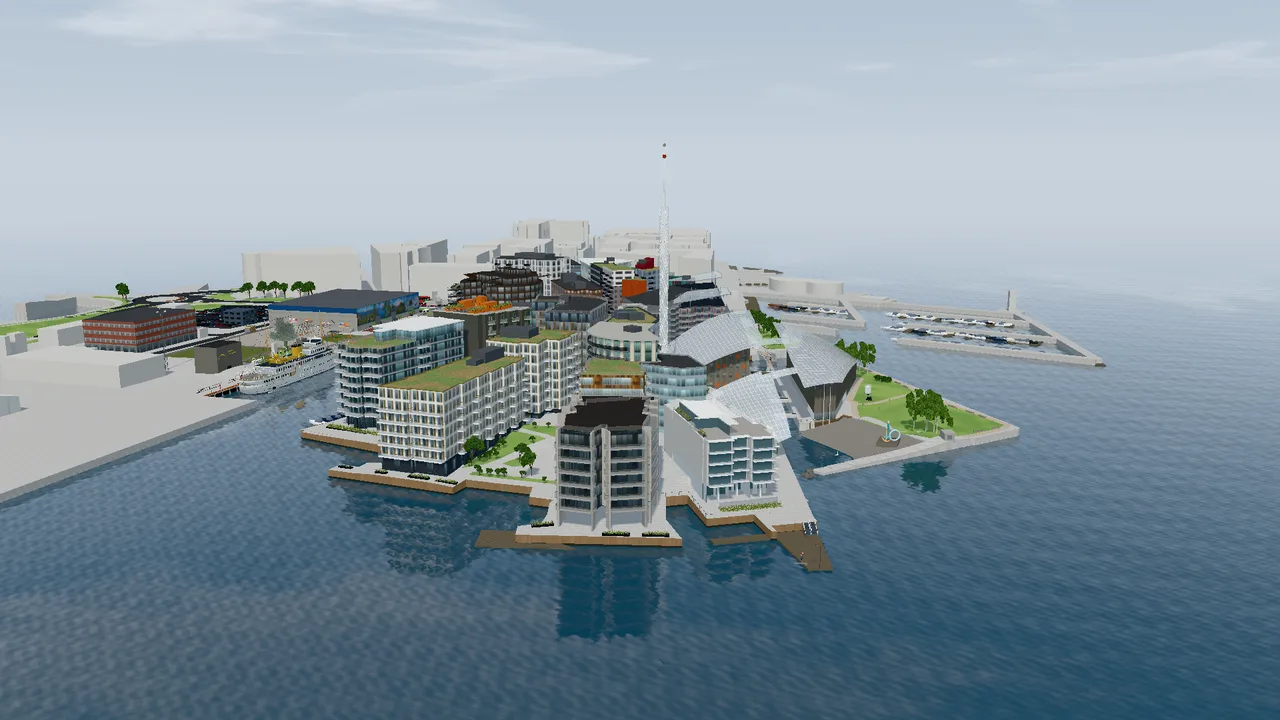 3D model of Tjuvholmen by day, seen at an angle from above, from the fjord.