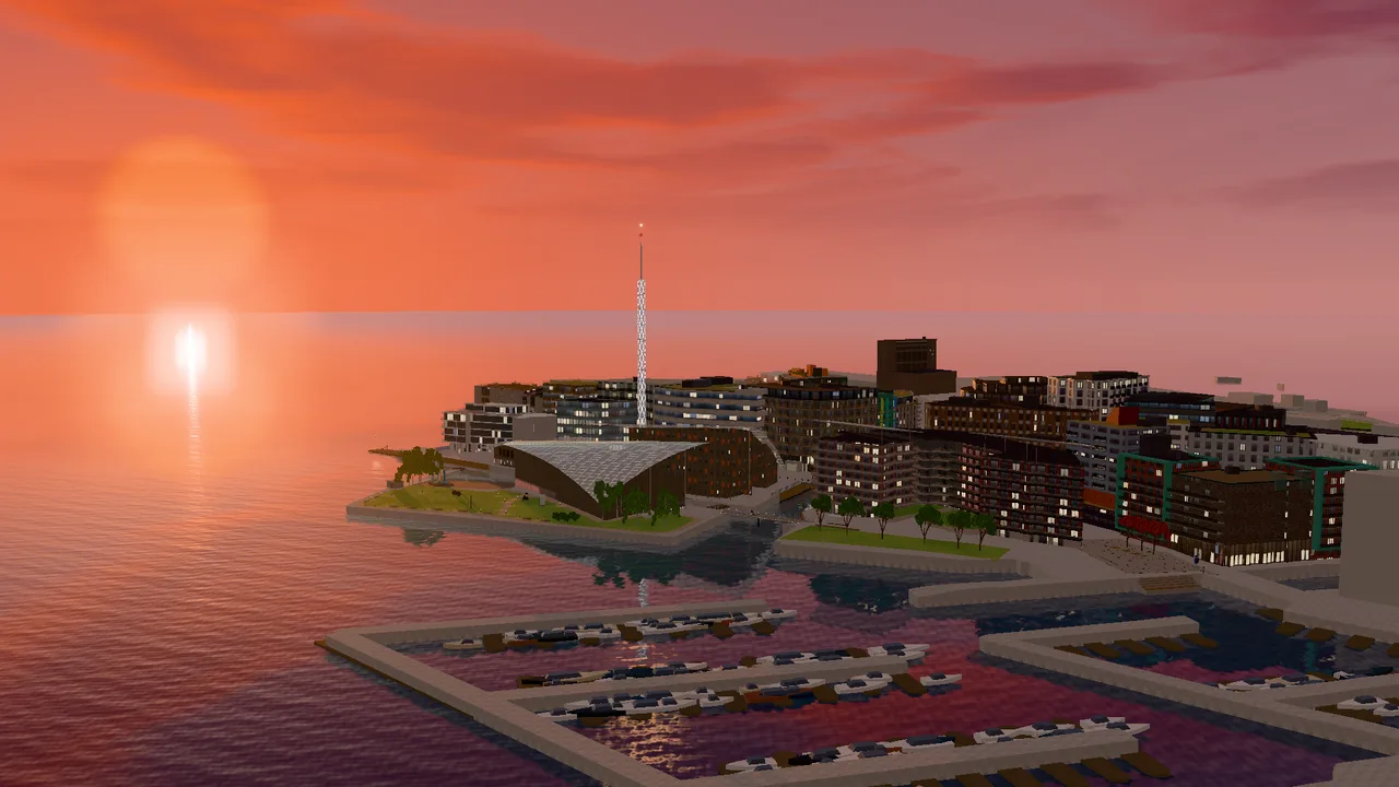 3D model of Tjuvholmen in evening light, with lights in the windows and reflections in the water.
