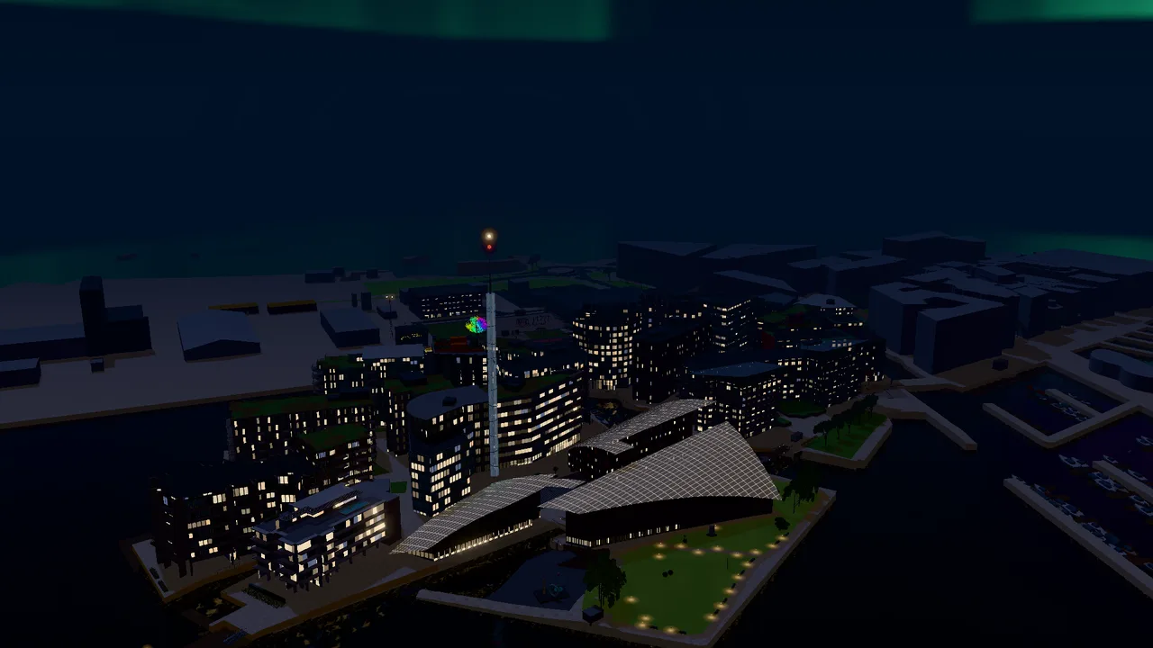 3D model of Tjuvholmen at night, seen from above, with lit windows.