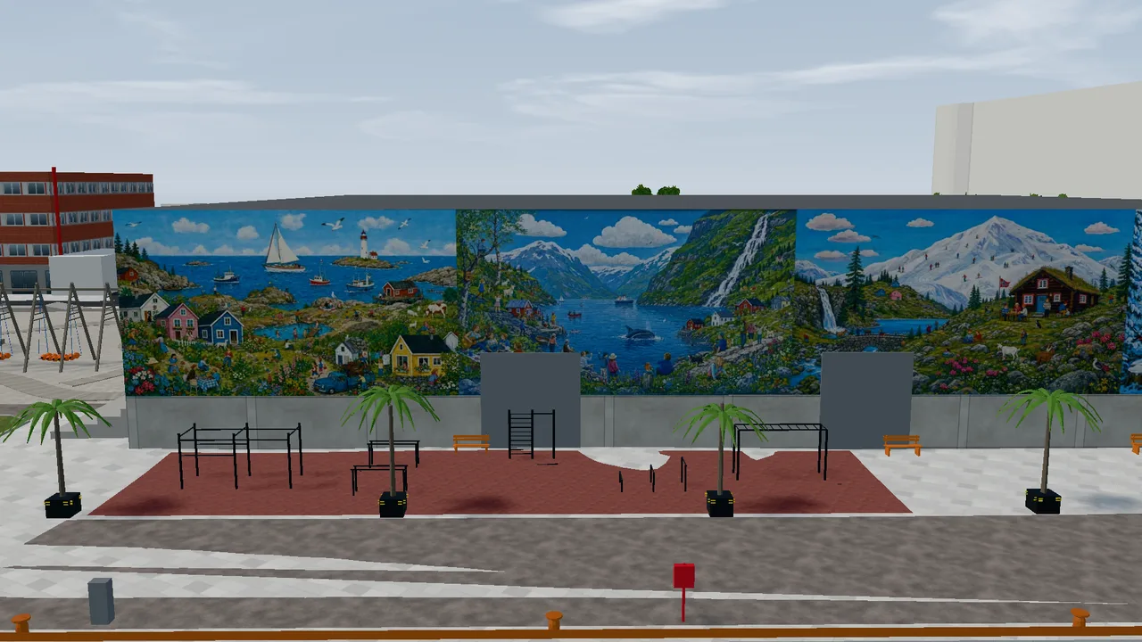 Skur 13 at Filipstad with a large, colourful mural of Norwegian nature, made with AI, and the outdoor gym in front.