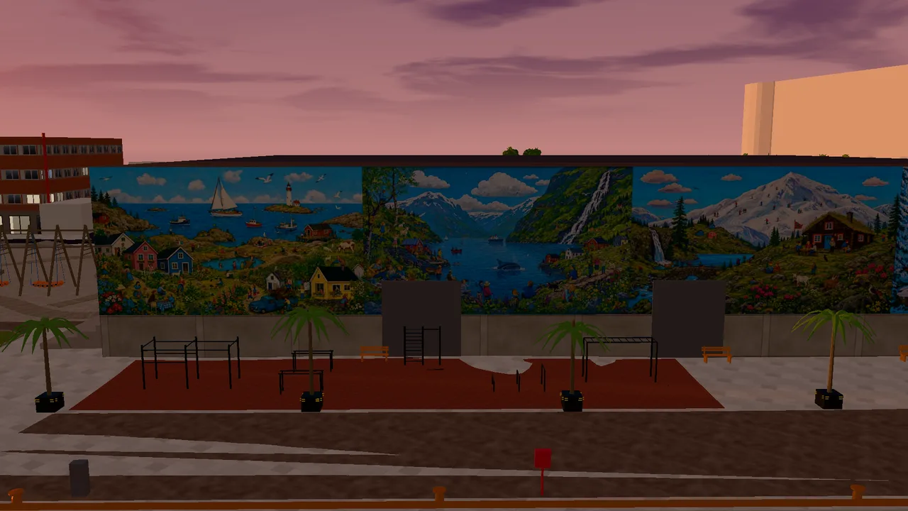 Skur 13 in evening light, with the mural and the outdoor gym in front.