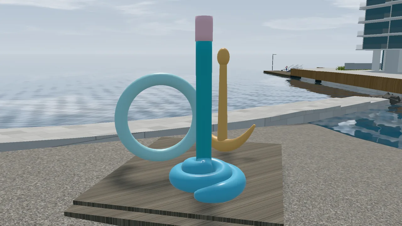 The sculpture Spalt by Franz West: an anchor, a coiled rope and a lifebuoy in cheerful colours on a timber platform by the fjord.