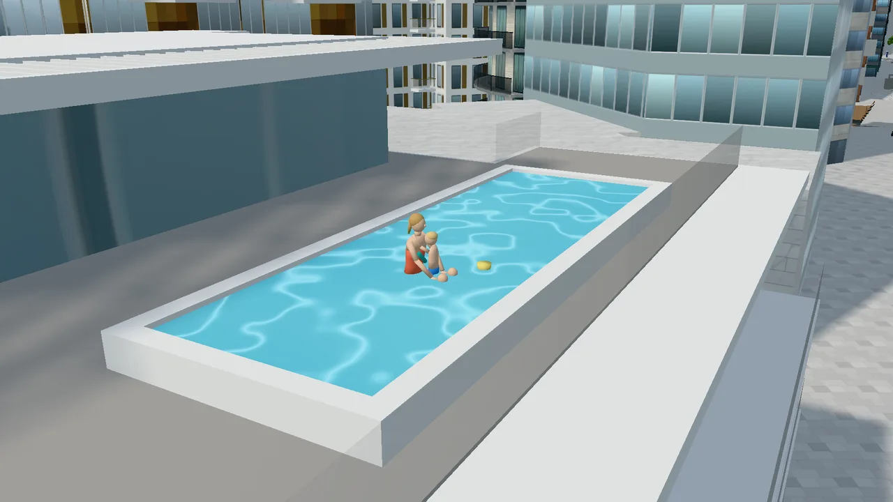 Rooftop pool on Kavringen brygge 2–6, where a mother and a child are swimming.