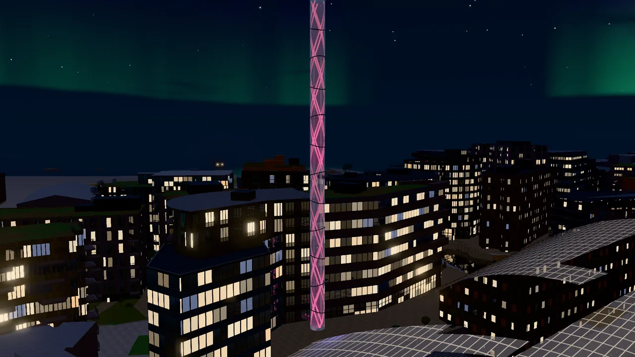 Tjuvtitten at night, lit in pink, with the district around it.