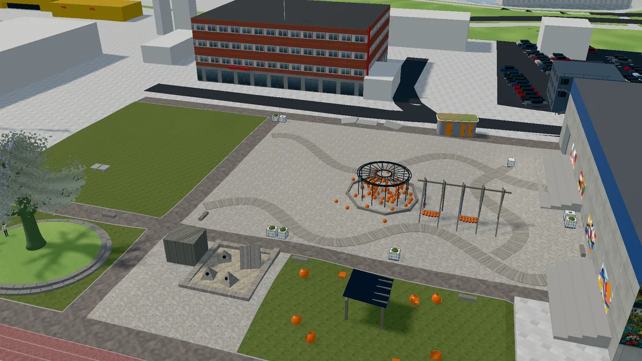 Trettenparken at Filipstad seen from above, with a playground, artificial grass, paths and the Oslo Tree.